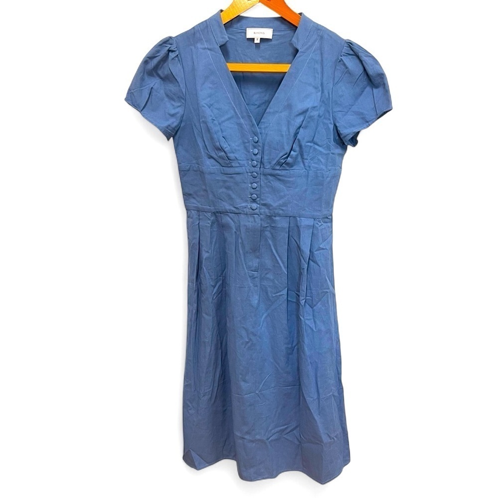 RIHOAS Retro Puff Sleeve Midi Dress in Blue Size Small